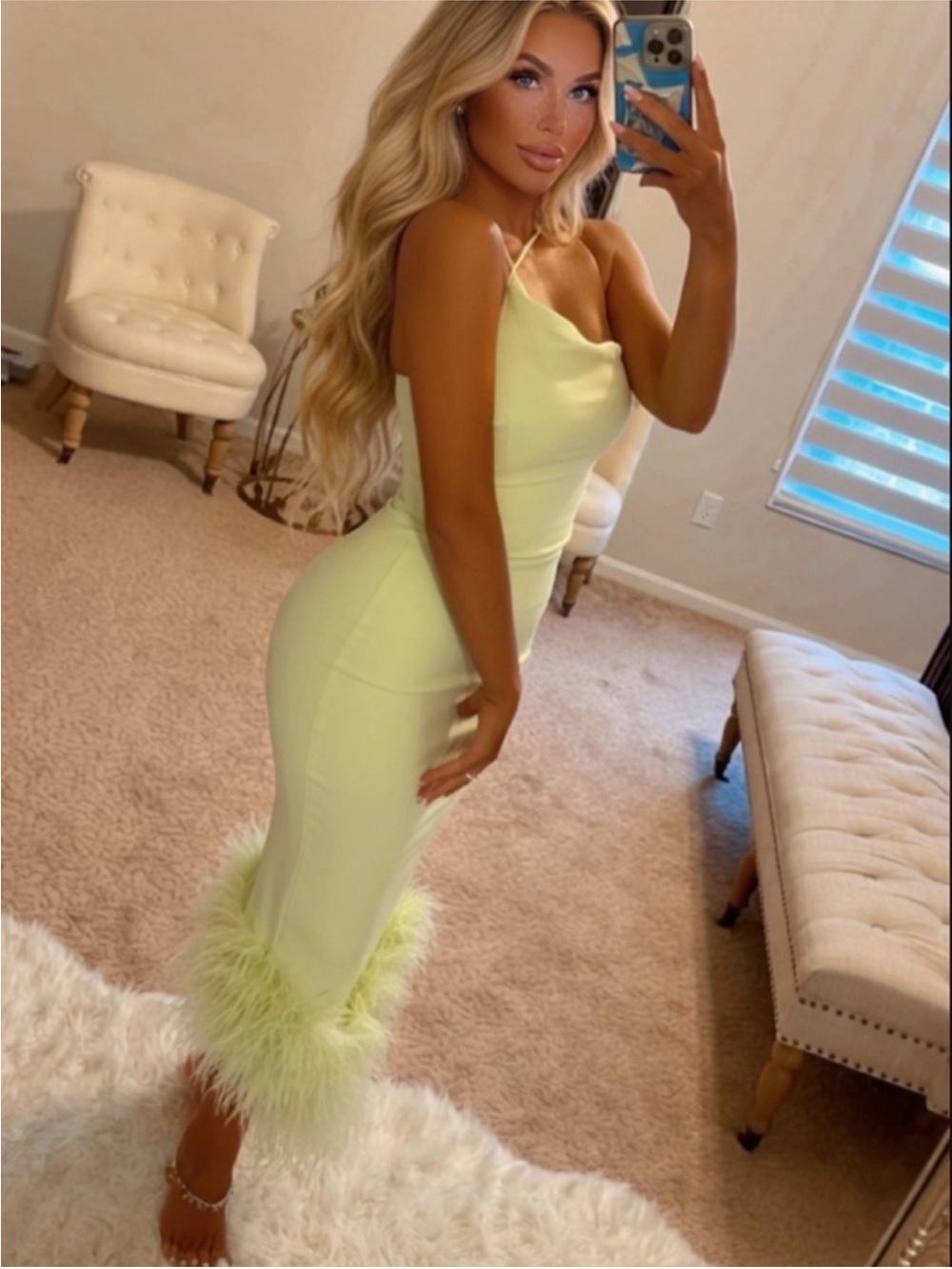 House Of Cb 'Alessia' Green Asymmetric Feather Trim Midi Dress Size S US4-6 $369 - Picture 2 of 10